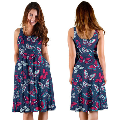 Butterfly Red Deep Blue Print Pattern Sleeveless Dress