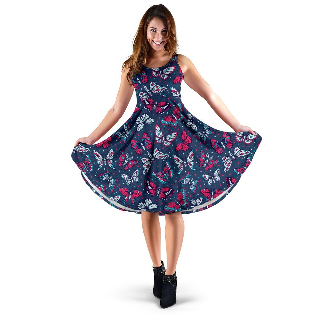 Butterfly Red Deep Blue Print Pattern Sleeveless Dress