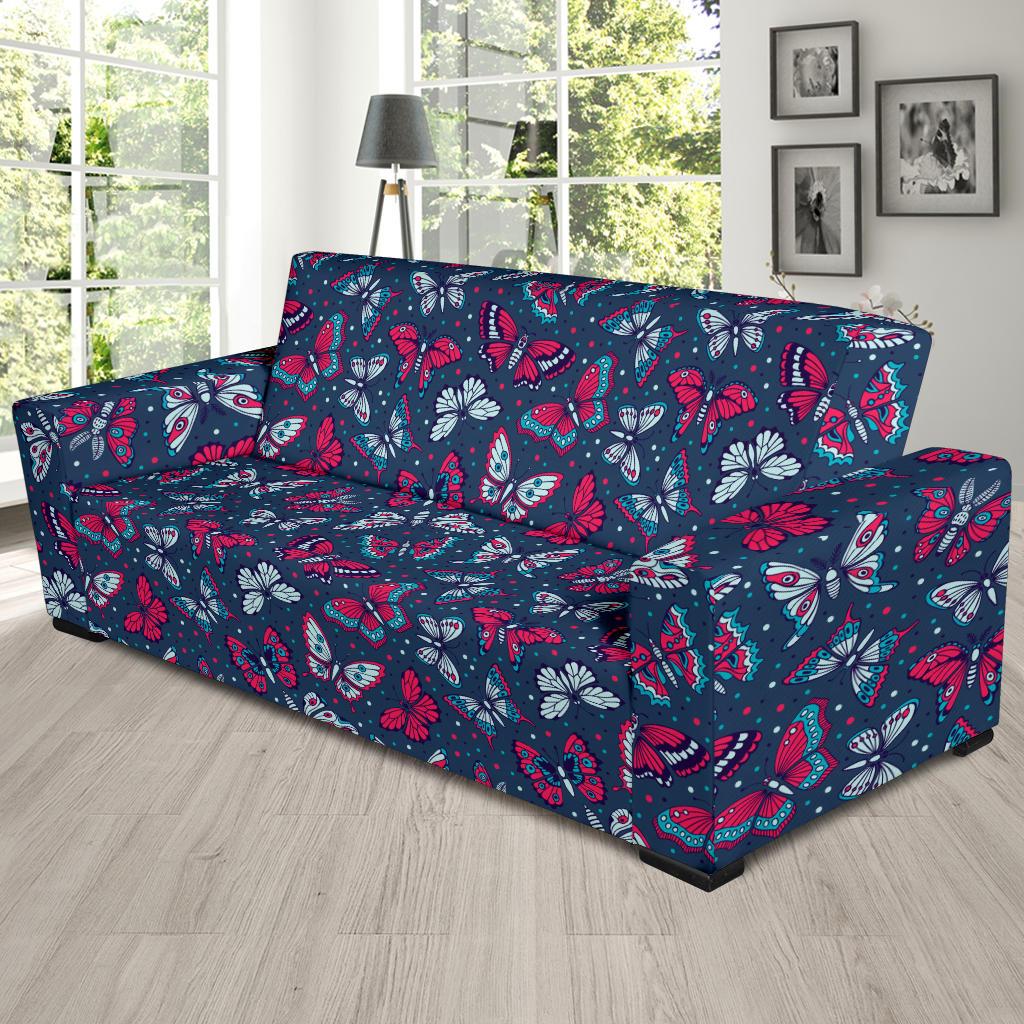 Butterfly Red Deep Blue Print Pattern Sofa Slipcover-JTAMIGO.COM