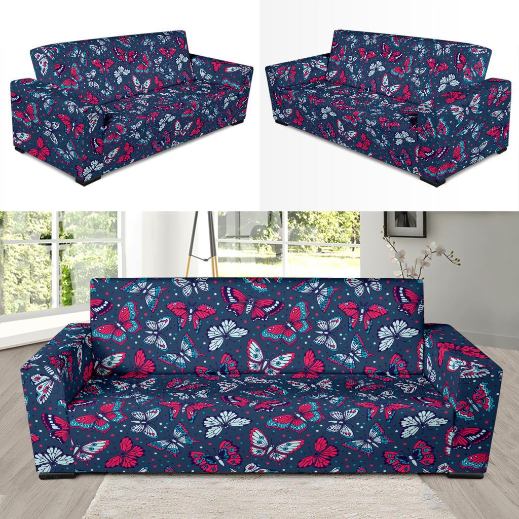 Butterfly Red Deep Blue Print Pattern Sofa Slipcover-JTAMIGO.COM
