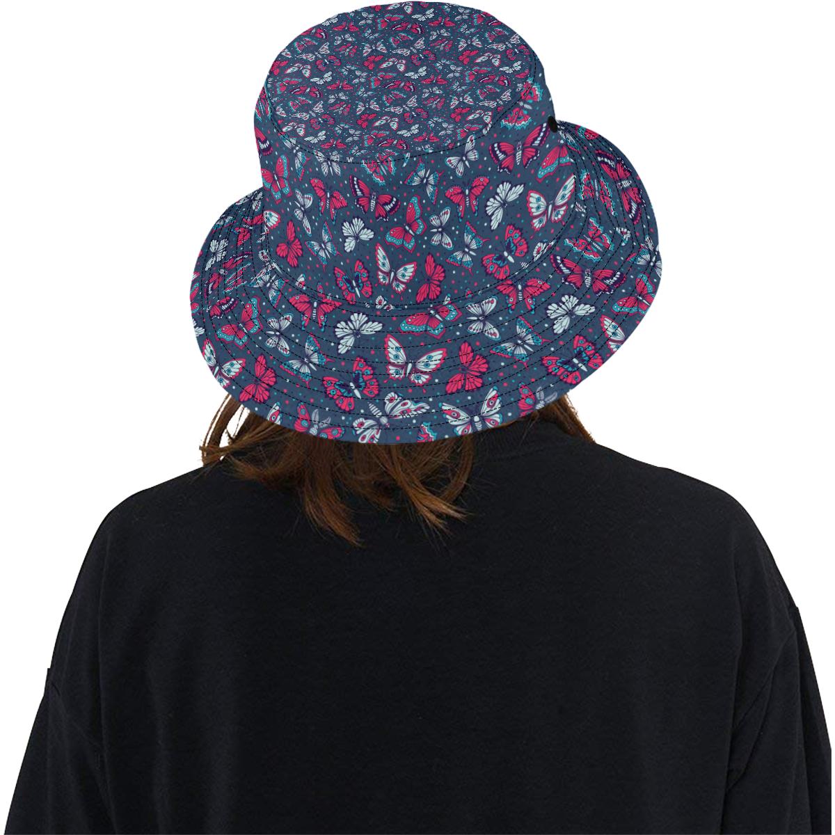 Butterfly Red Deep Blue Print Pattern Unisex Bucket Hat