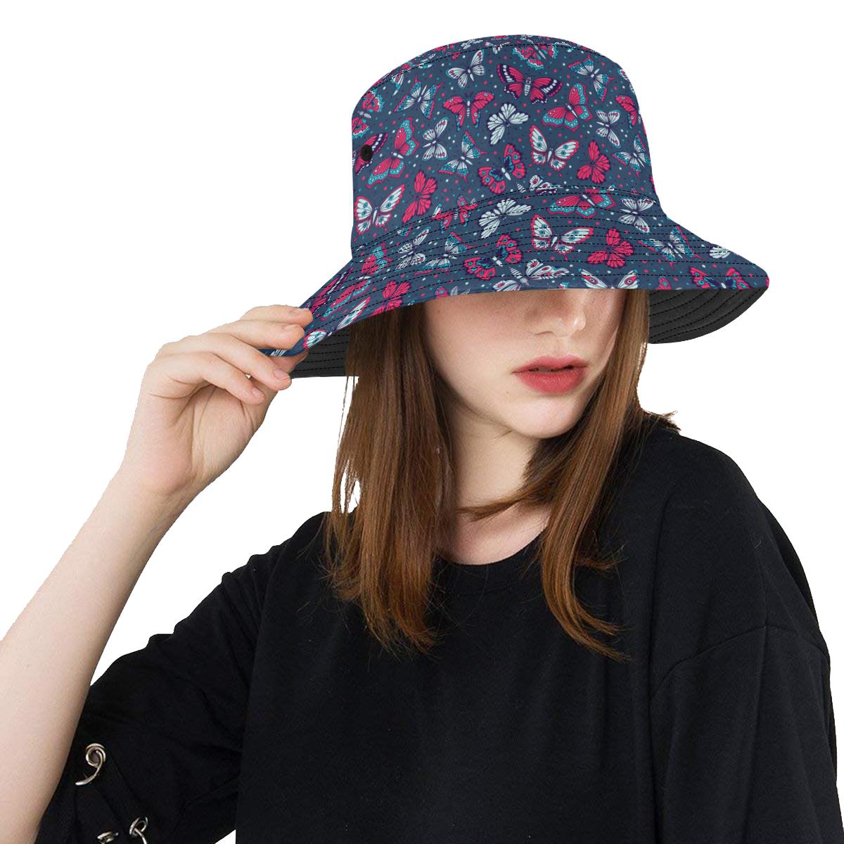 Butterfly Red Deep Blue Print Pattern Unisex Bucket Hat