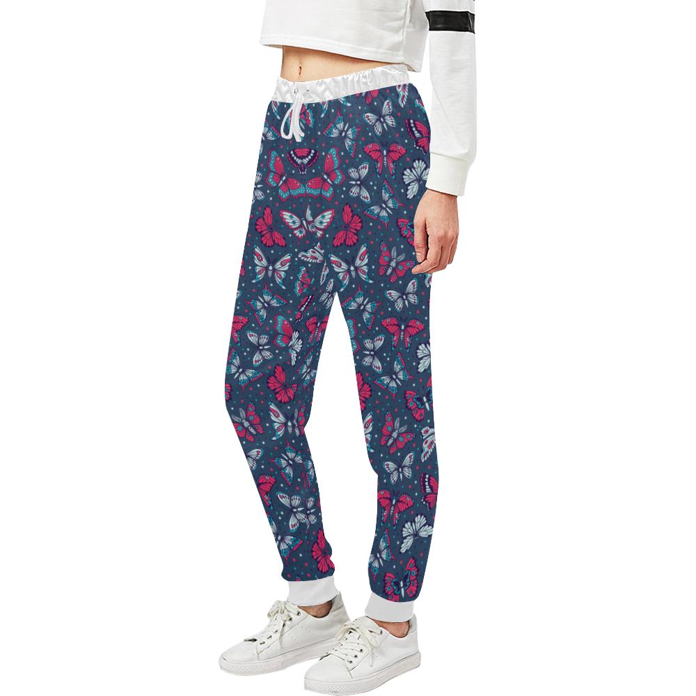 Butterfly Red Deep Blue Print Pattern Unisex Casual Sweatpants (Model L11)-JTAMIGO.COM