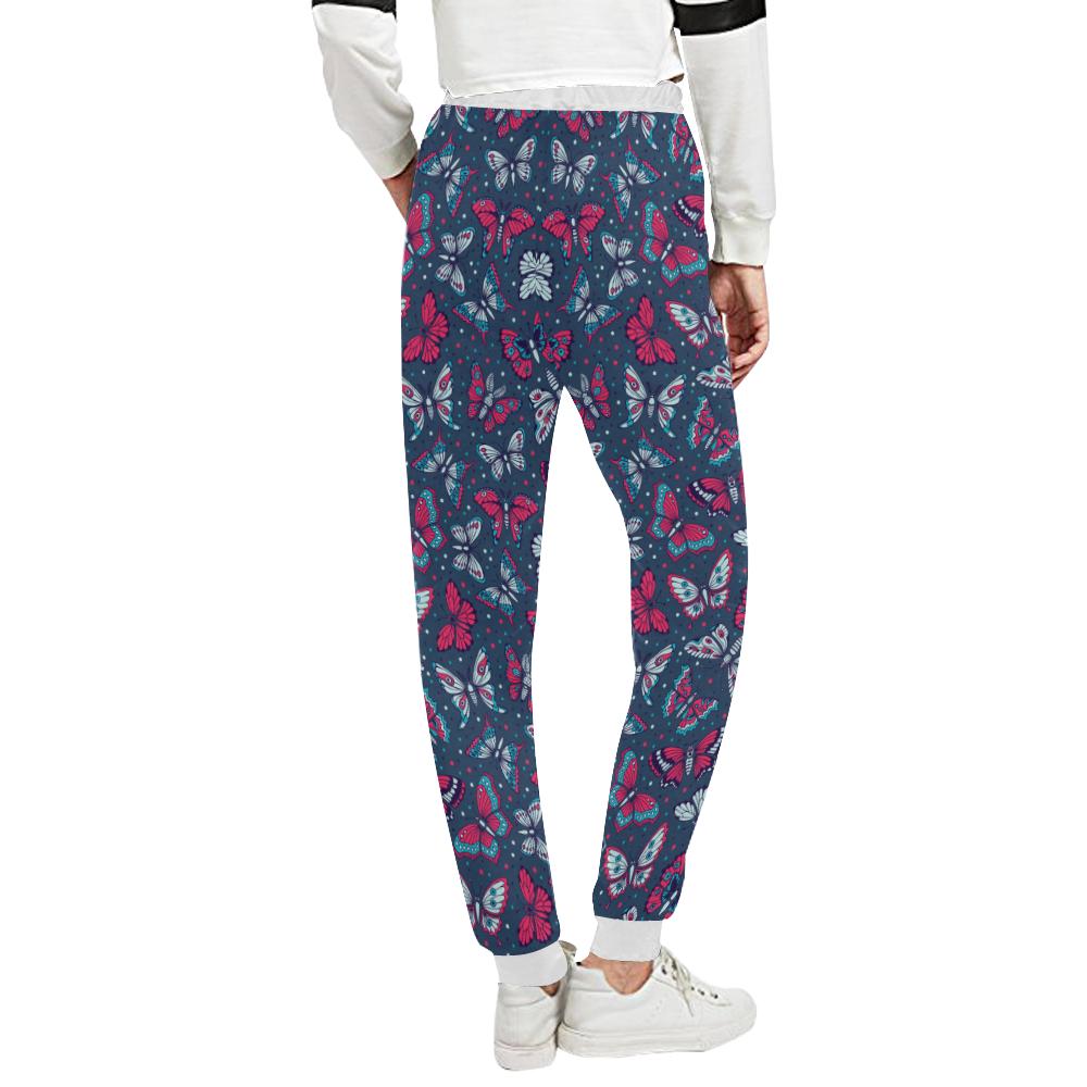 Butterfly Red Deep Blue Print Pattern Unisex Casual Sweatpants (Model L11)-JTAMIGO.COM