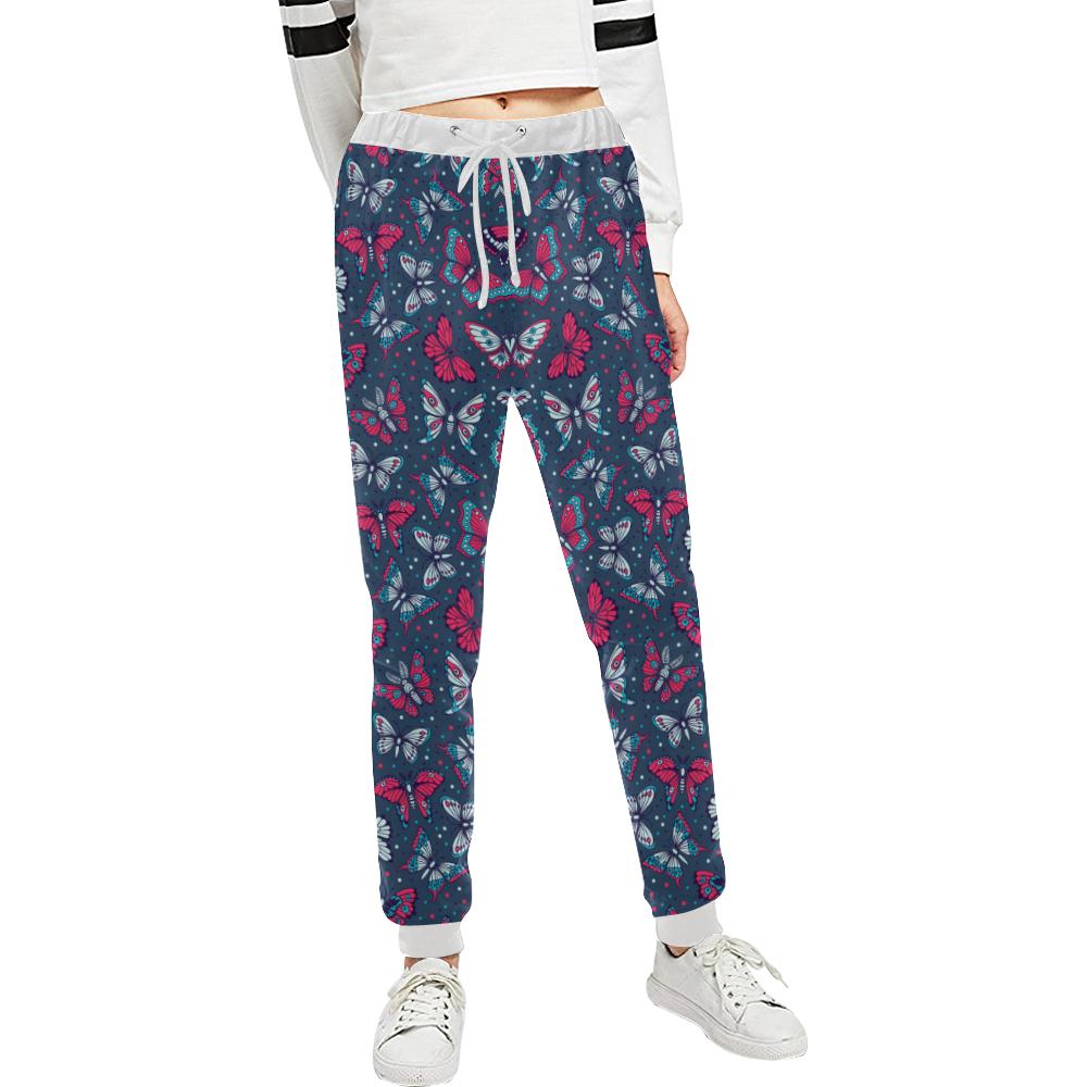 Butterfly Red Deep Blue Print Pattern Unisex Casual Sweatpants (Model L11)-JTAMIGO.COM