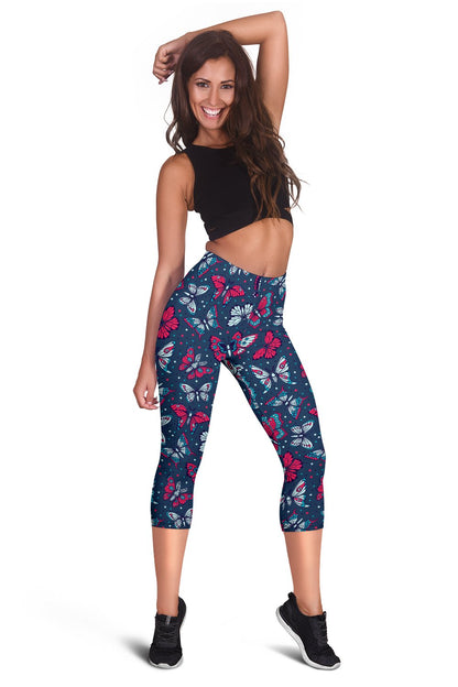 Butterfly Red Deep Blue Print Pattern Women Capris