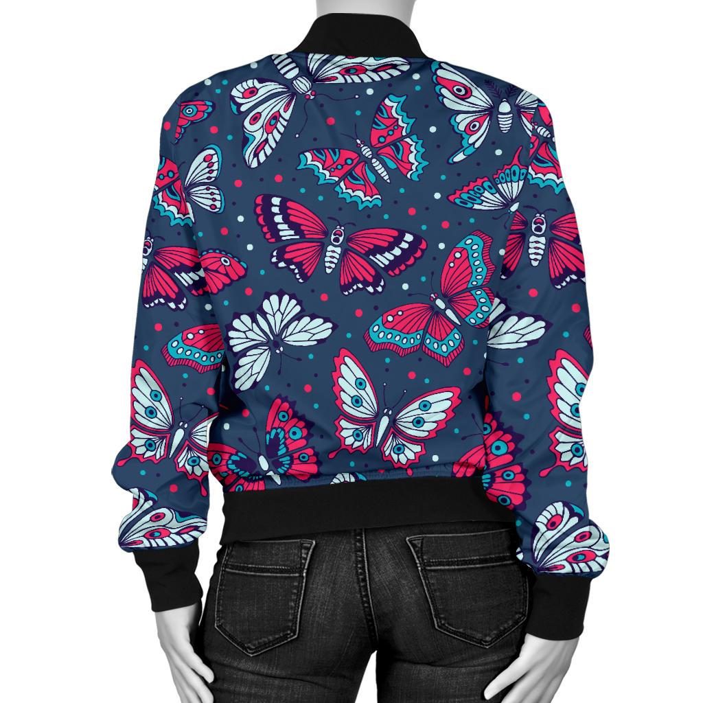 Butterfly Red Deep Blue Print Pattern Women Casual Bomber Jacket