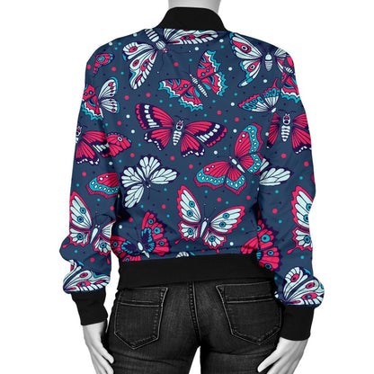 Butterfly Red Deep Blue Print Pattern Women Casual Bomber Jacket
