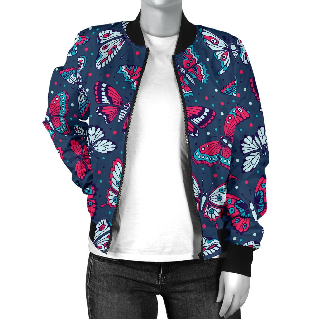 Butterfly Red Deep Blue Print Pattern Women Casual Bomber Jacket