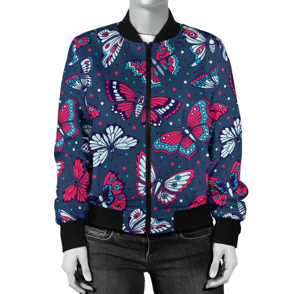 Butterfly Red Deep Blue Print Pattern Women Casual Bomber Jacket