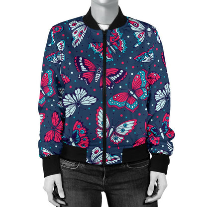 Butterfly Red Deep Blue Print Pattern Women Casual Bomber Jacket