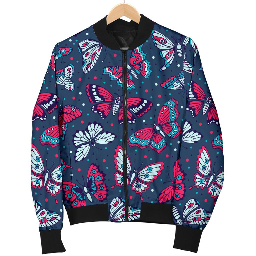 Butterfly Red Deep Blue Print Pattern Women Casual Bomber Jacket