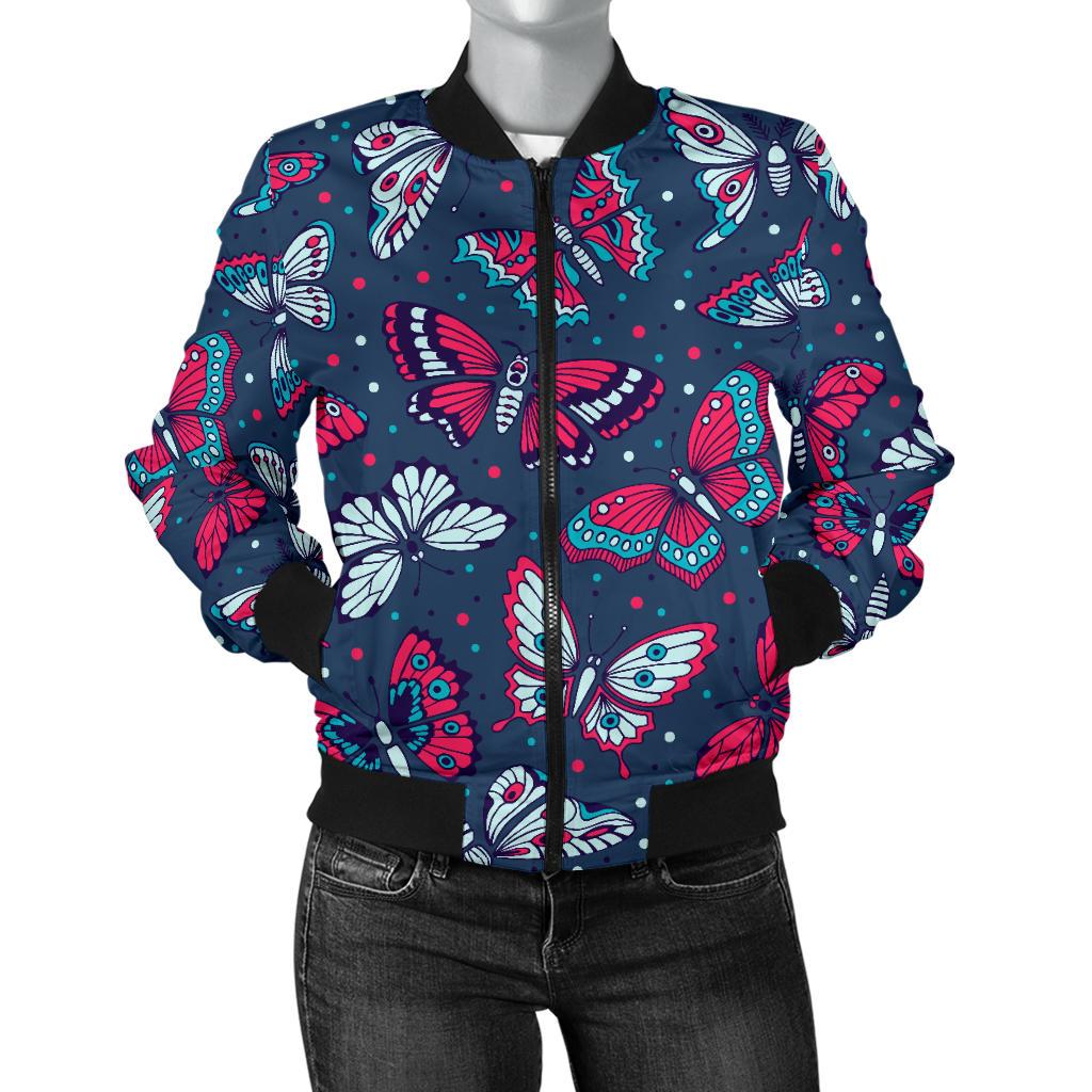 Butterfly Red Deep Blue Print Pattern Women Casual Bomber Jacket