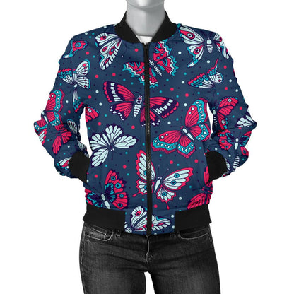 Butterfly Red Deep Blue Print Pattern Women Casual Bomber Jacket