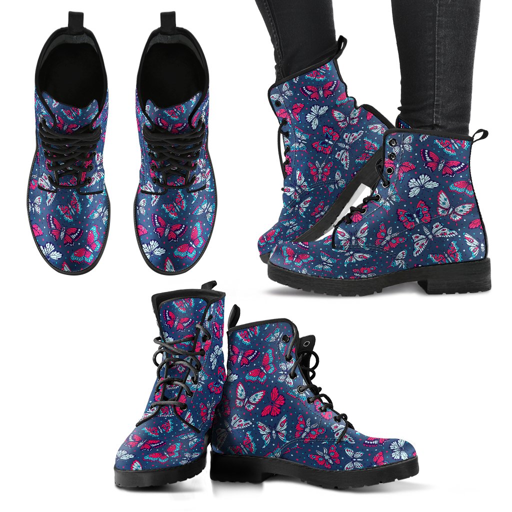 Butterfly Red Deep Blue Print Pattern Women Leather Boots-JTAMIGO.COM