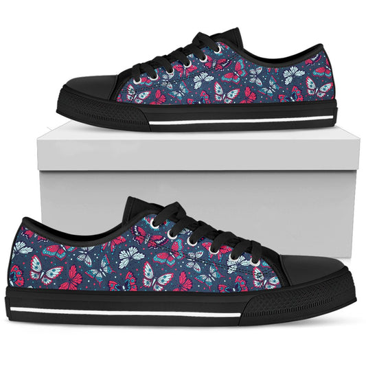 Butterfly Red Deep Blue Print Pattern Women Low Top Shoes