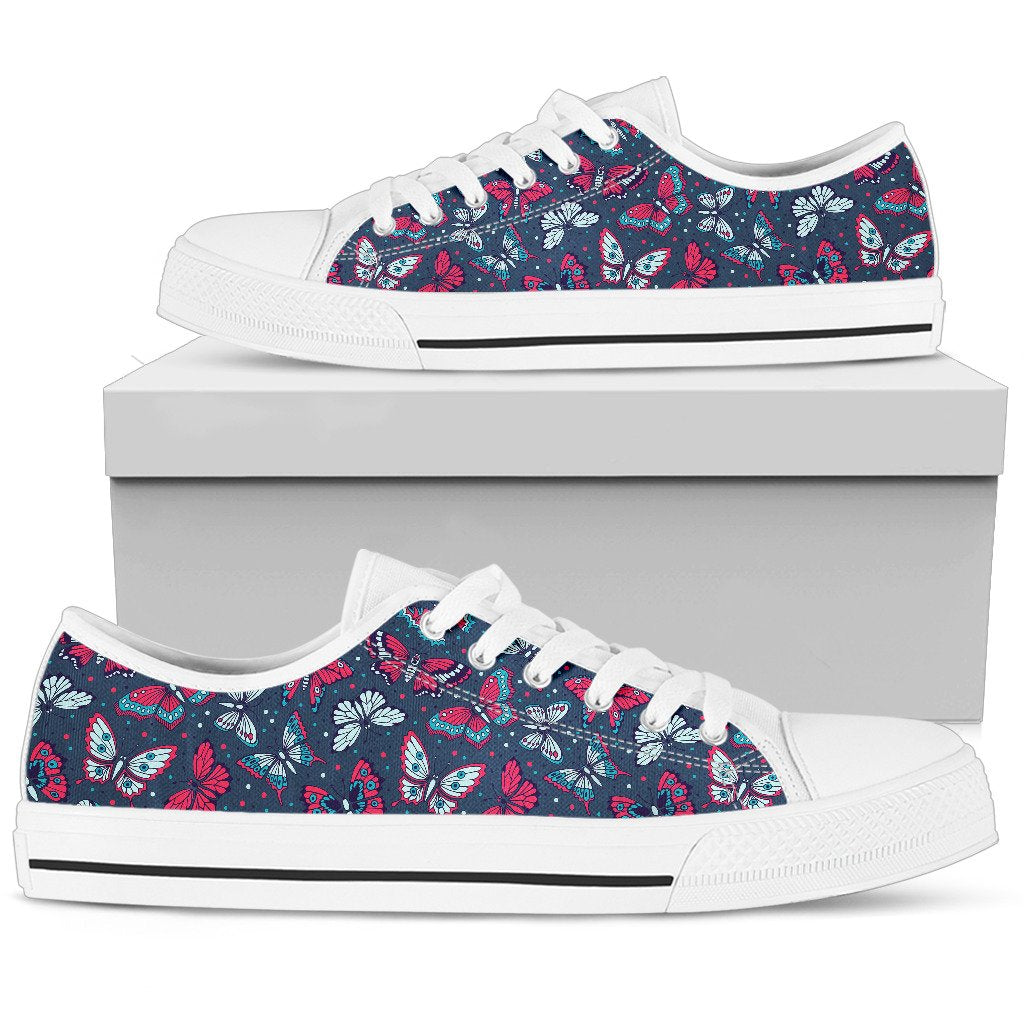 Butterfly Red Deep Blue Print Pattern Women Low Top Shoes