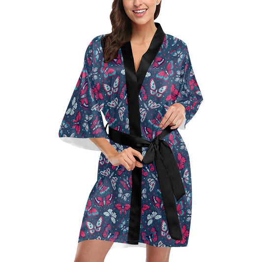 Butterfly Red Deep Blue Print Pattern Women Short Kimono Robe