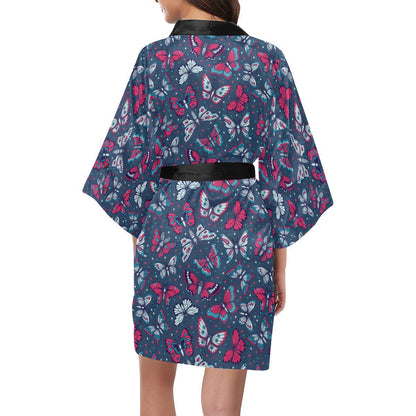 Butterfly Red Deep Blue Print Pattern Women Short Kimono Robe