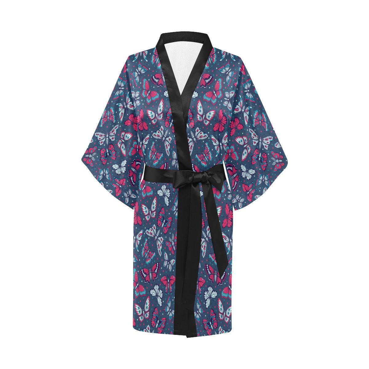 Butterfly Red Deep Blue Print Pattern Women Short Kimono Robe