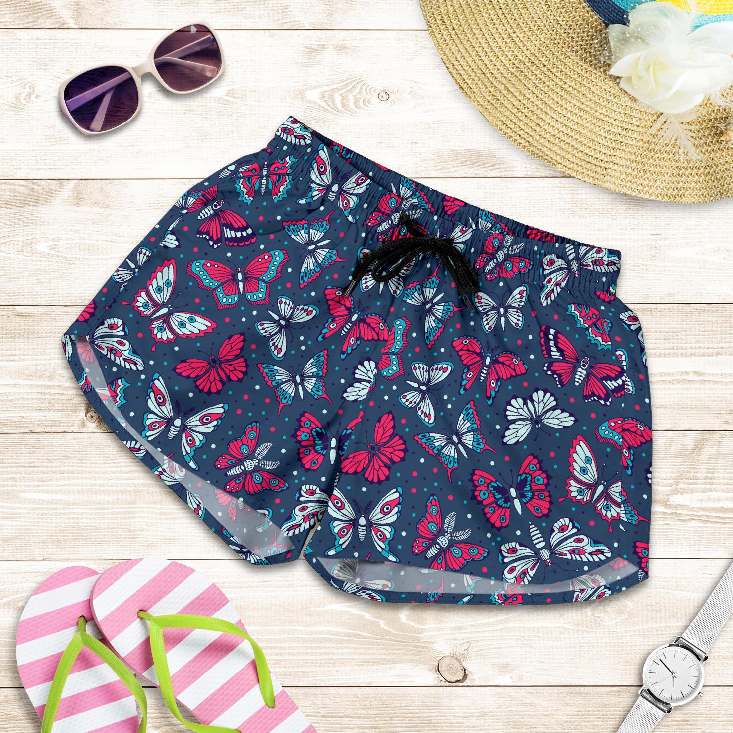 Butterfly Red Deep Blue Print Pattern Women Shorts-JTAMIGO.COM