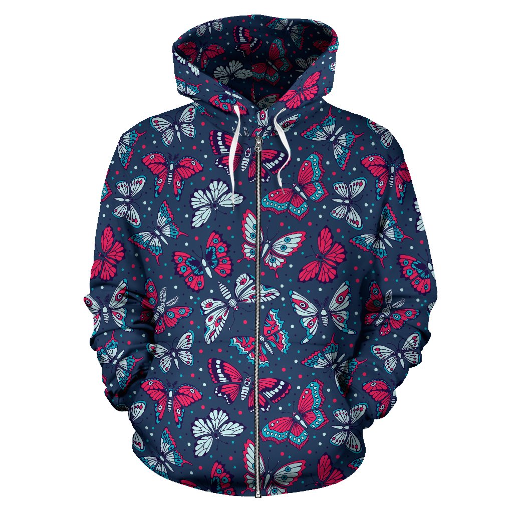 Butterfly Red Deep Blue Print Pattern Zip Up Hoodie