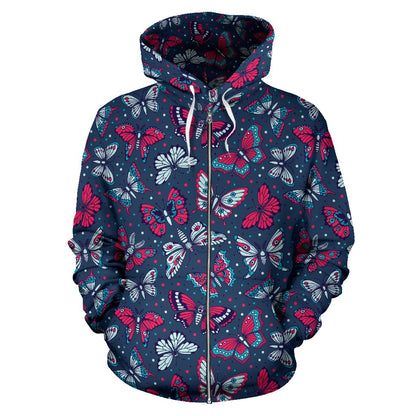 Butterfly Red Deep Blue Print Pattern Zip Up Hoodie