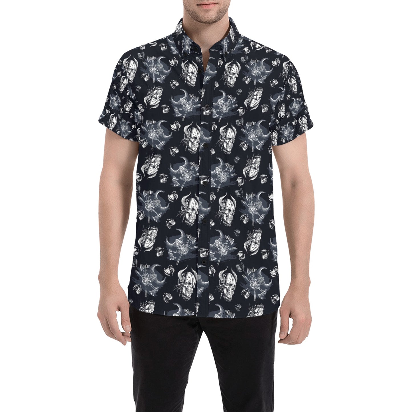 Vikings Print Design LKS304 Men Short Sleeve Button Up Shirt