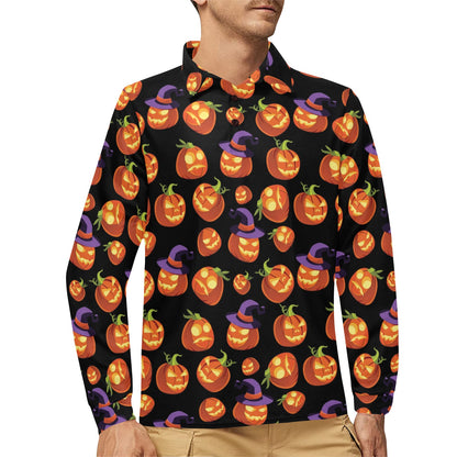Witch Pumpkin Halloween Print LKS302 Long Sleeve Polo Shirt For Men's
