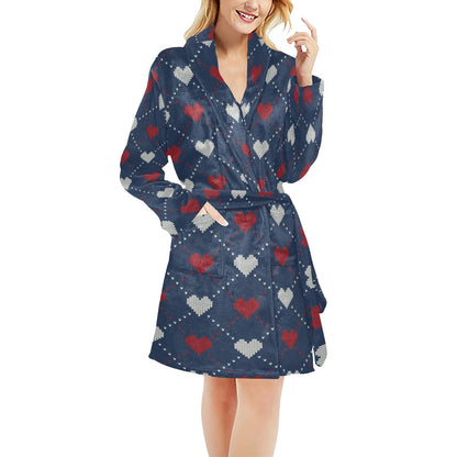 Heart Knit Pattern Print Design HE05 Women's Fleece Robe