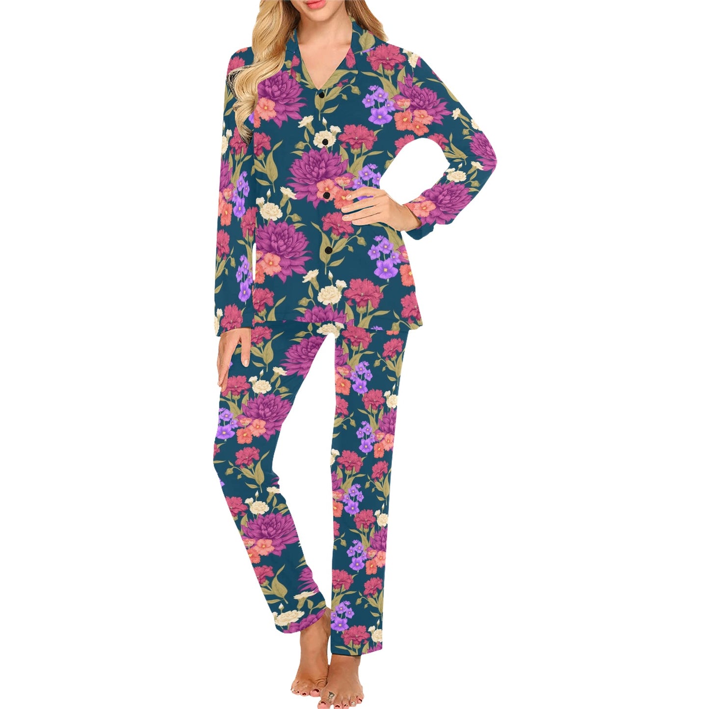 Dahlia Pattern Print Design DH01 Women's Long Pajama Set