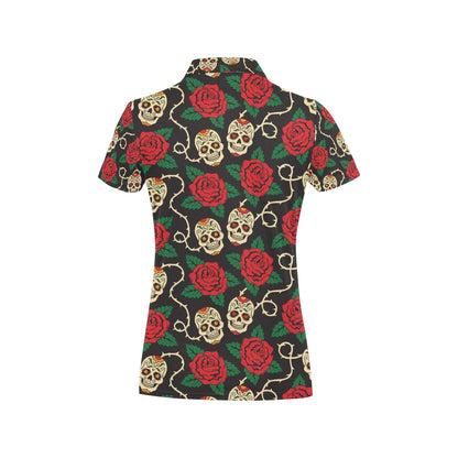 Sugar Skull Red Rose Print Design LKS301 Women's Polo Shirt