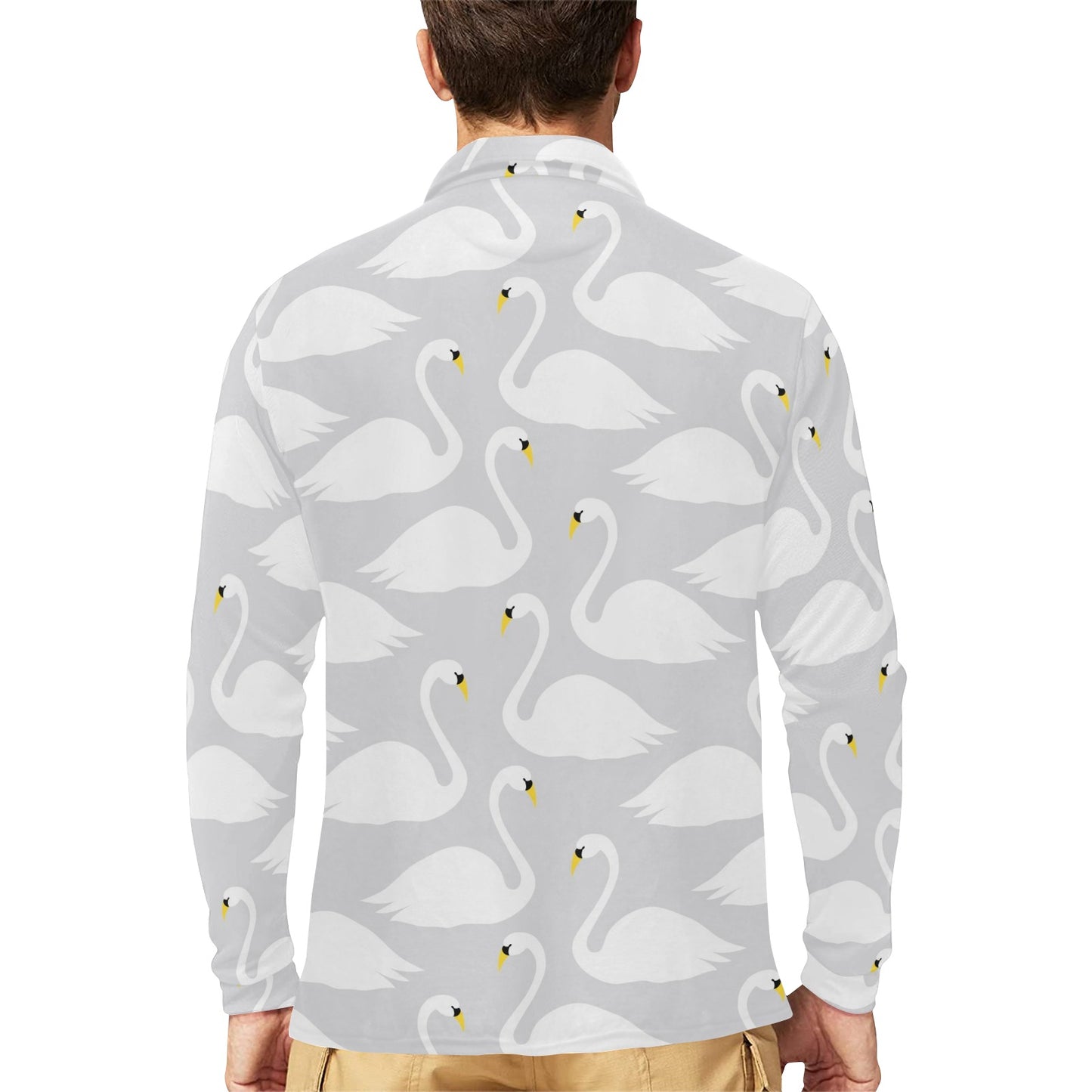 Swan Pattern Print Design 02 Long Sleeve Polo Shirt For Men's