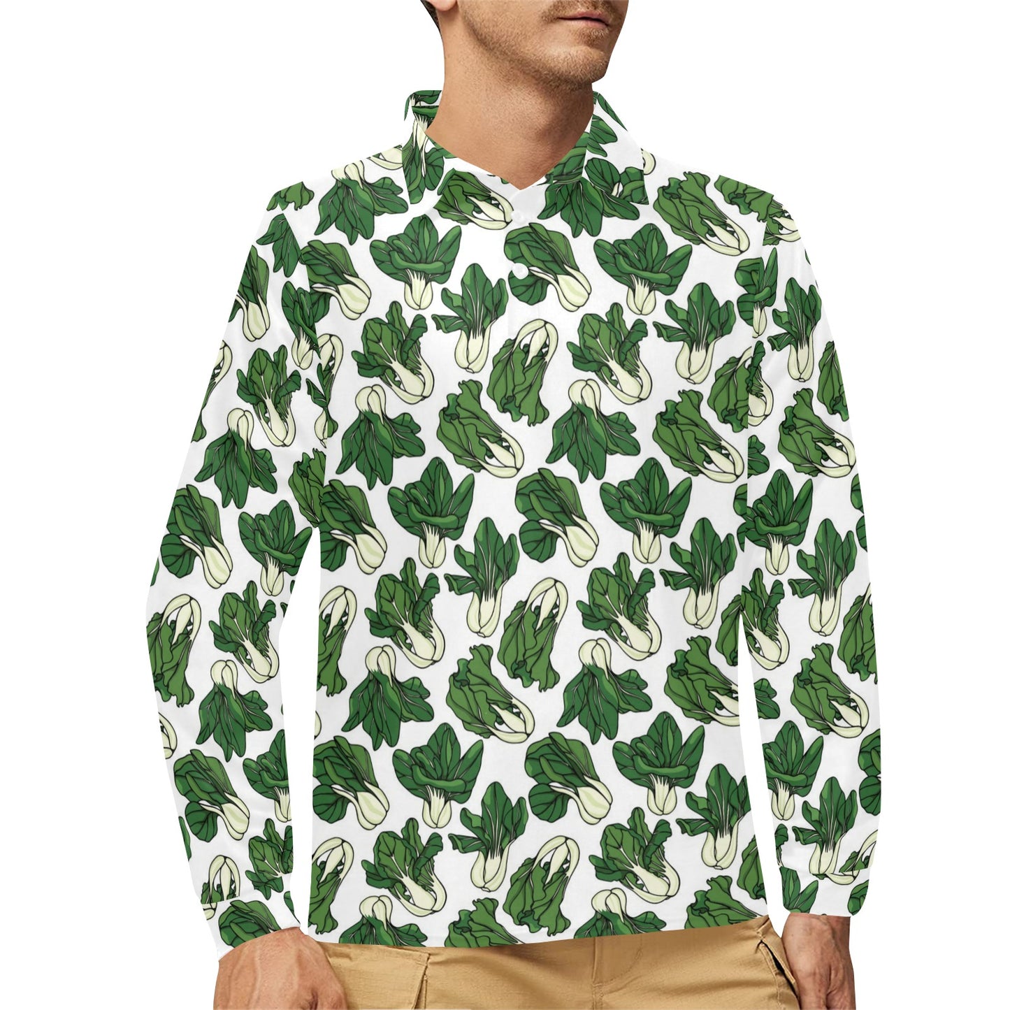 Bok Choy Pattern Print Design 02 Long Sleeve Polo Shirt For Men's