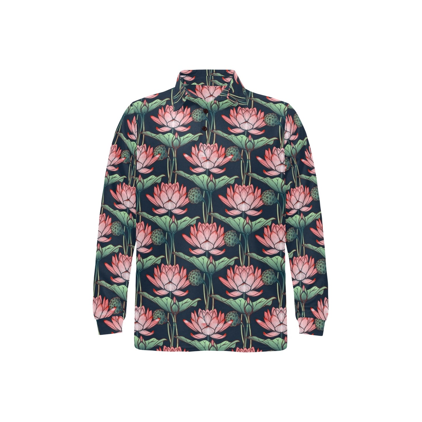 Water Lily Pattern Print Design WL03 Long Sleeve Polo Shirt For Men's