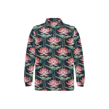 Water Lily Pattern Print Design WL03 Long Sleeve Polo Shirt For Men's