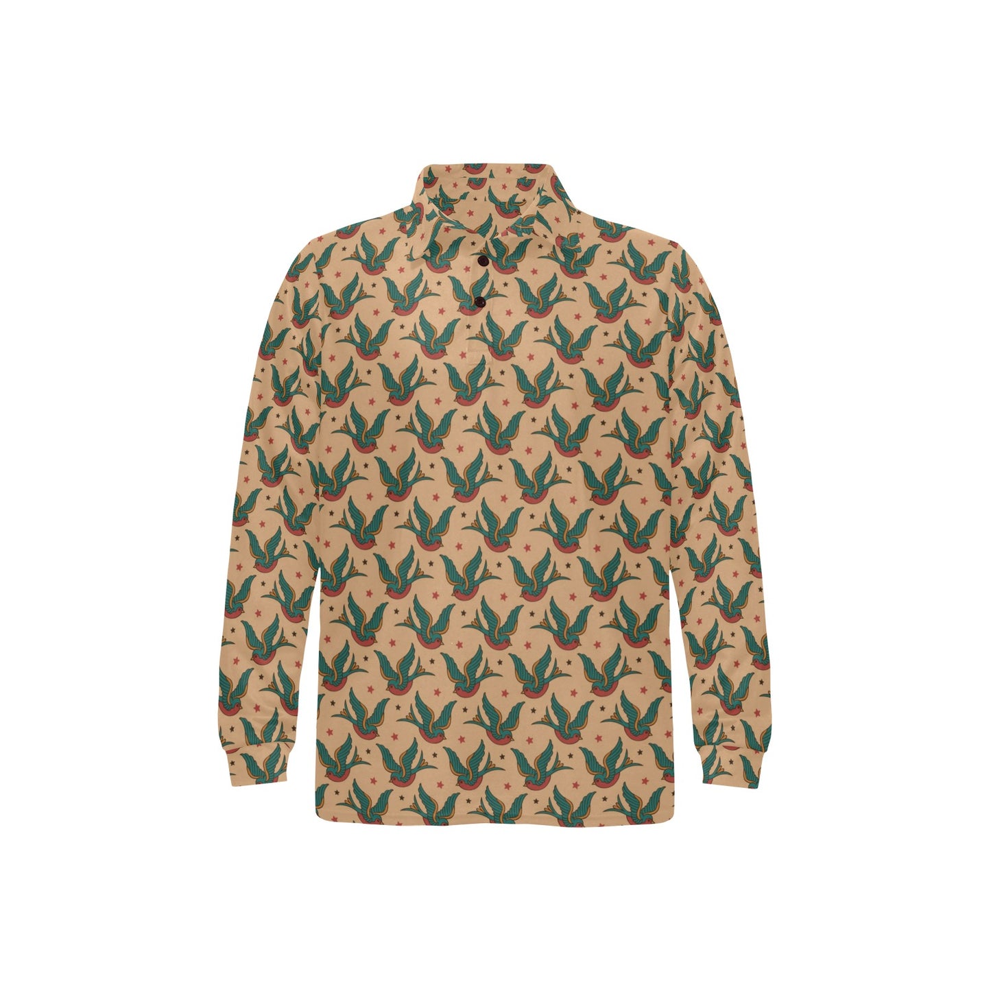Old School Tattoo Swallow Design Long Sleeve Polo Shirt For Men's