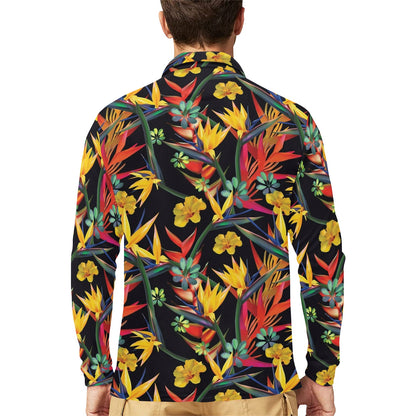 Bird Of Paradise Pattern Print Design BOP016 Long Sleeve Polo Shirt For Men's