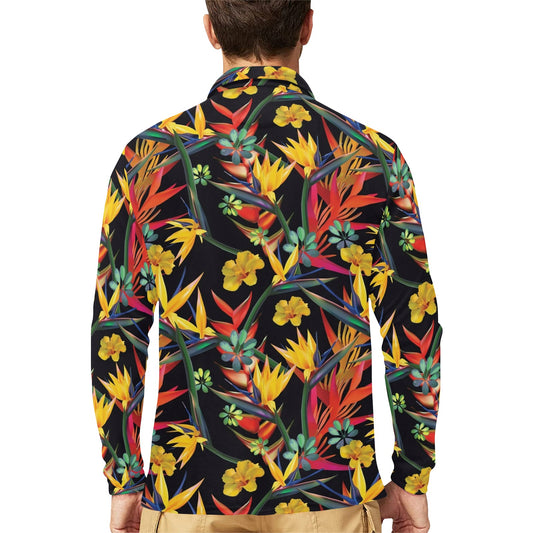 Bird Of Paradise Pattern Print Design BOP016 Long Sleeve Polo Shirt For Men's