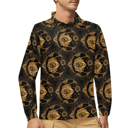 Sun Moon mandala Third eye Long Sleeve Polo Shirt For Men's