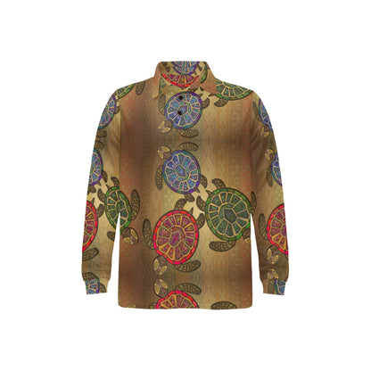 Sea Turtle Tribal Colorful Long Sleeve Polo Shirt For Men's