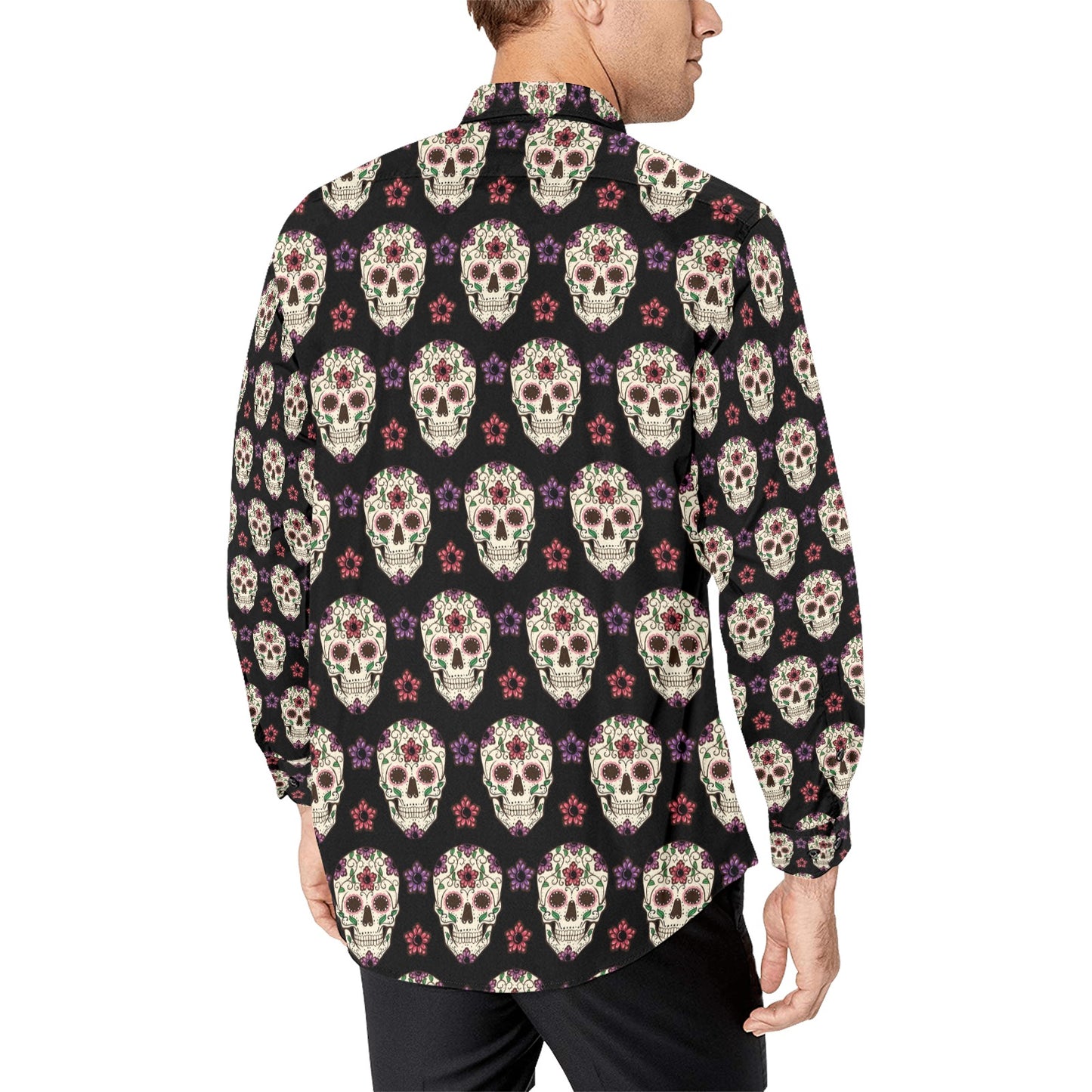 Sugar Skull Print Design LKS304 Men's Long Sleeve Dress Shirt