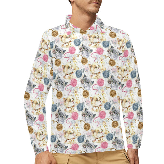 Cat Playing Yarn Pattern Print Design 07 Long Sleeve Polo Shirt For Men's