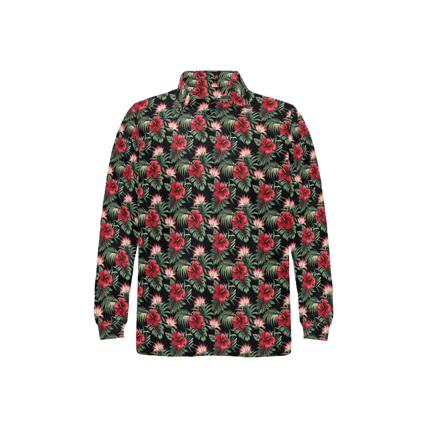 Flower Hawaiian Red Hibiscus Design Print Long Sleeve Polo Shirt For Men's