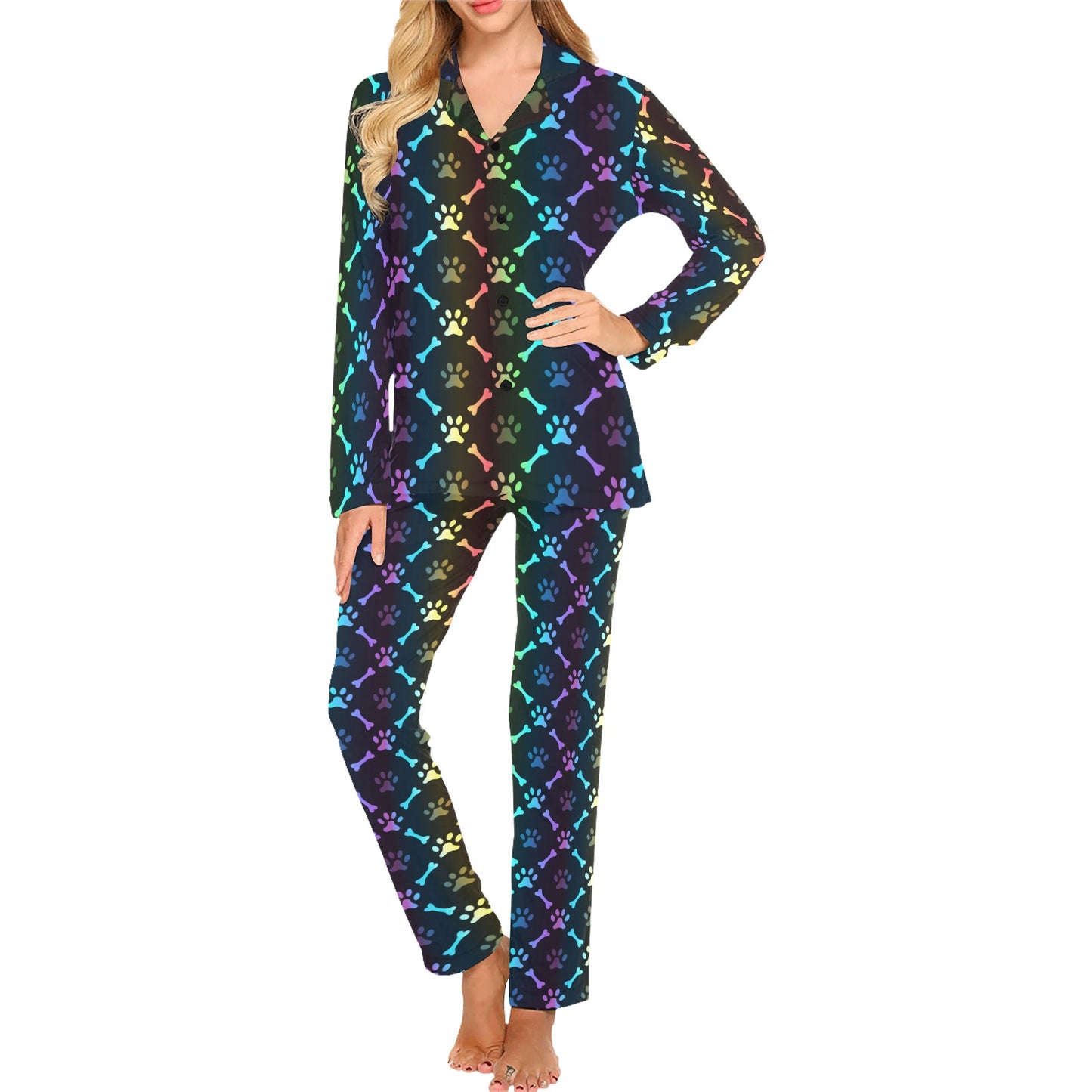 Paw Rainbow Pattern Print Design A01 Women's Long Pajama Set