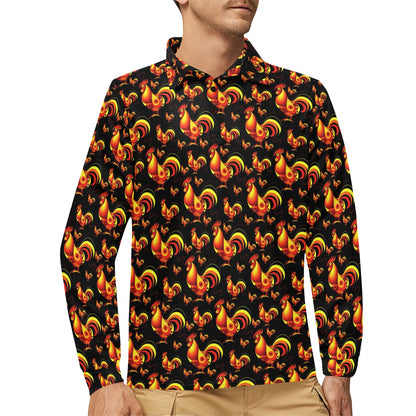 Rooster Print Themed Long Sleeve Polo Shirt For Men's