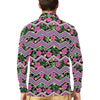 Hibiscus Pink Zigzag Line Pattern Design LKS307 Long Sleeve Polo Shirt For Men's