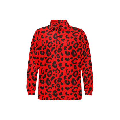Leopard Red Skin Print Long Sleeve Polo Shirt For Men's