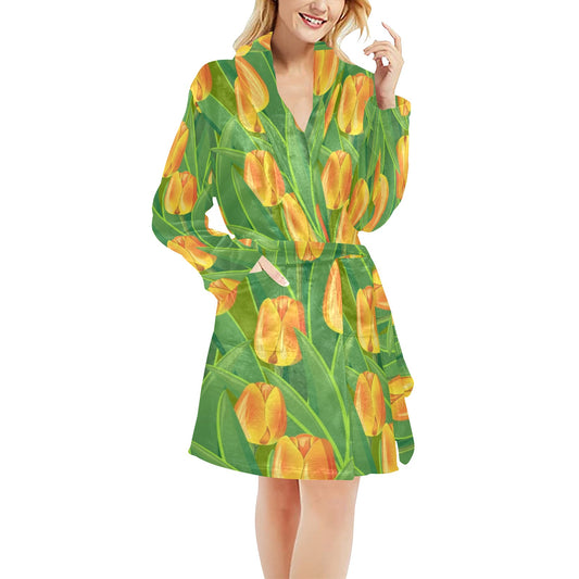 Tulip Orange Pattern Print Design TP07 Women's Fleece Robe