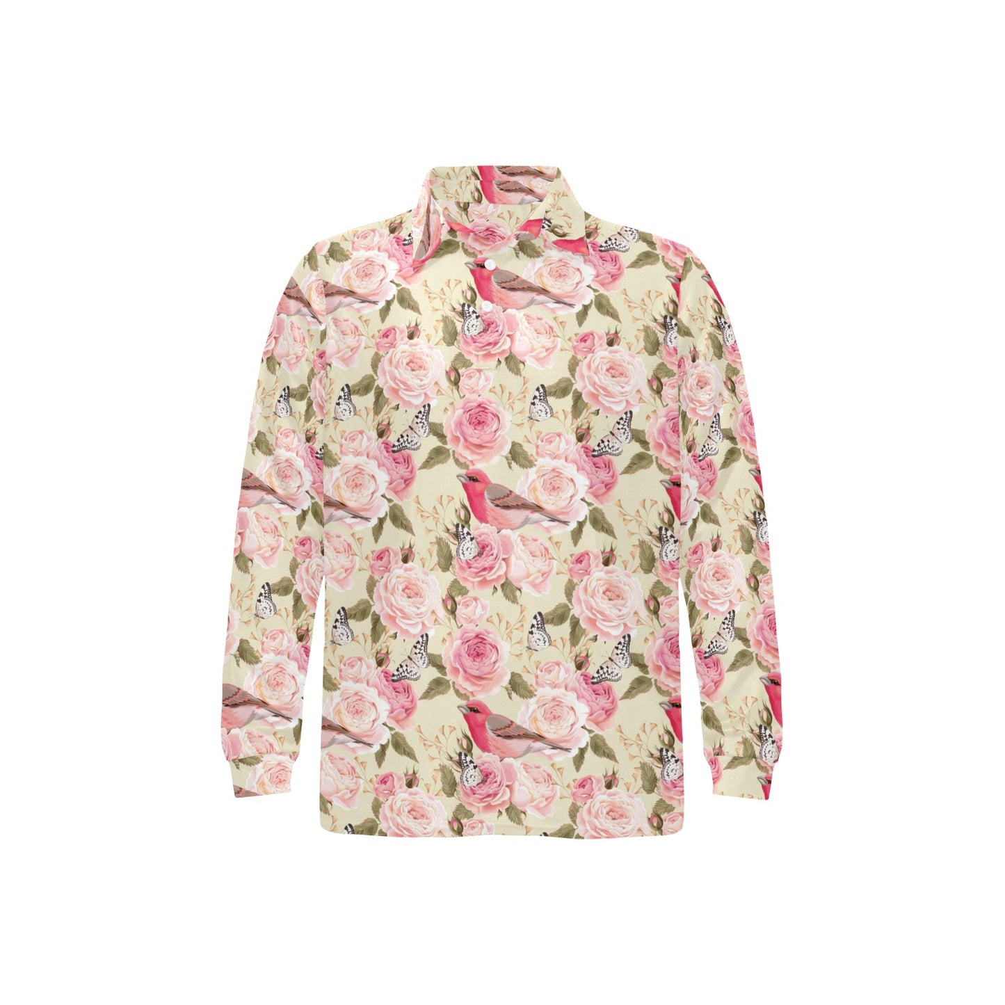 Bird Butterfly Pink Flower Print Pattern Long Sleeve Polo Shirt For Men's